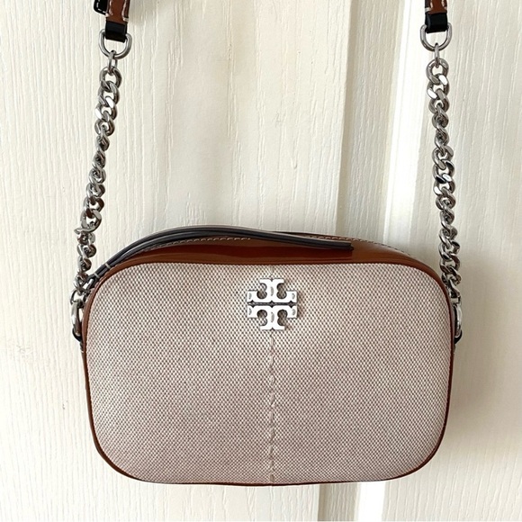 Tory Burch McGraw Color Block Patent Leather Canvas Camera Crossbody Bag - Picture 2 of 15